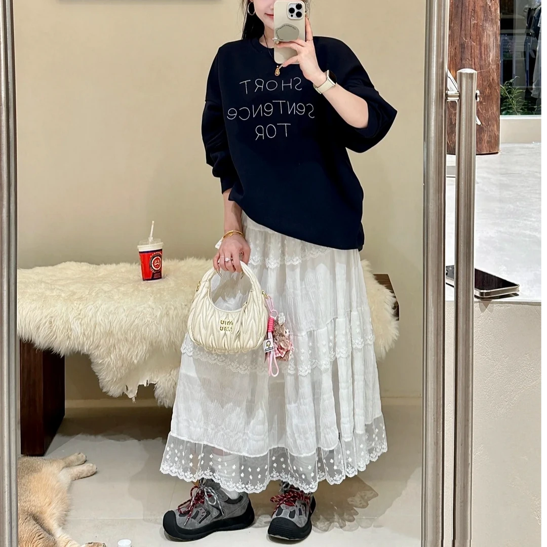 2025新款韩版蕾丝拼接白色蛋糕裙女高腰显瘦宽松百搭A字半身裙