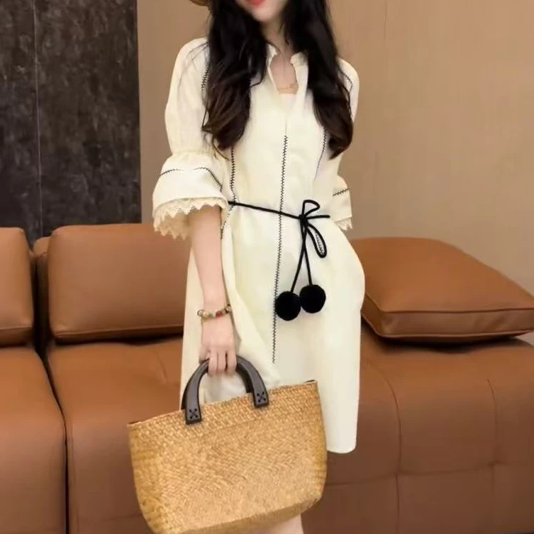 【现货】【雅轩】25059走秀款条纹v领套头连衣裙 象牙白