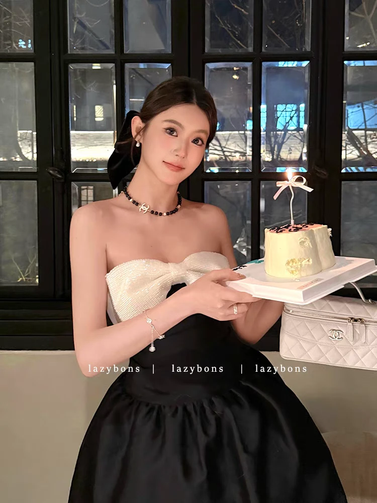 抹胸连衣裙气质名媛生日礼服裙黑白撞色串珠蝴蝶结蓬蓬裙大摆长裙
