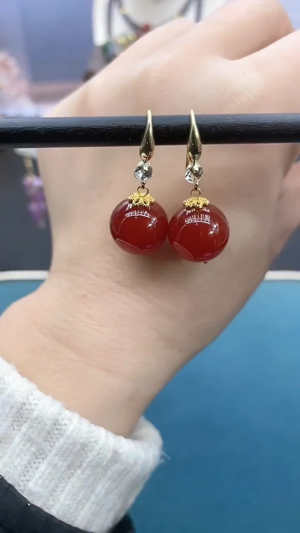 【闪购商品】南红玛瑙耳饰银S925镶嵌14mm单珠高跟耳钩