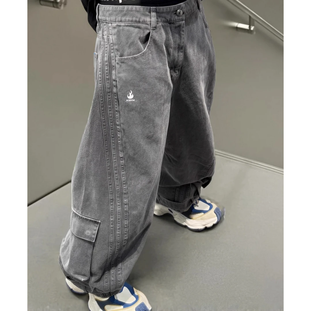 CaKm灰色牛仔裤女新款水洗衣服出游小众工装宽松休闲长裤KSKM2040