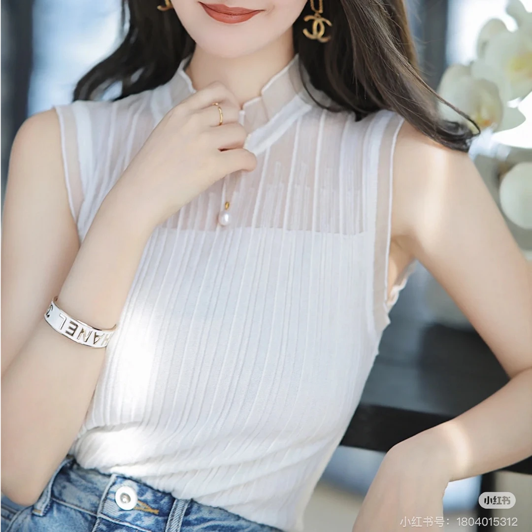 【法式时装】木耳边百搭打底衫女内搭外穿洋气无袖上衣镂空蕾丝打底