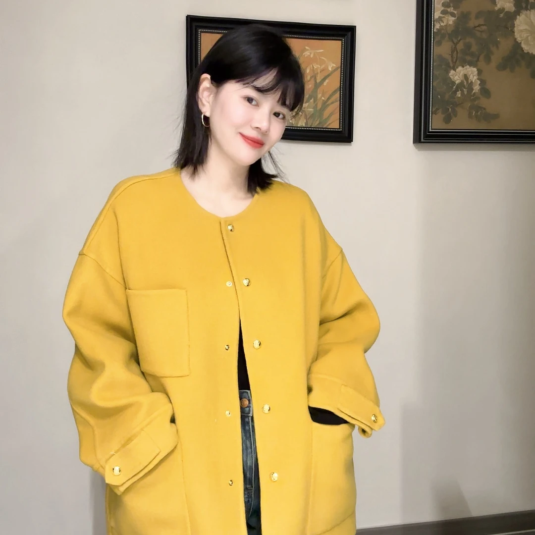 【糖果家】秋冬款黄色短款气质百搭休闲羊毛大衣XW008