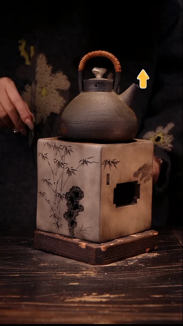 纯手工柴烧石头提梁加四方雕刻炉