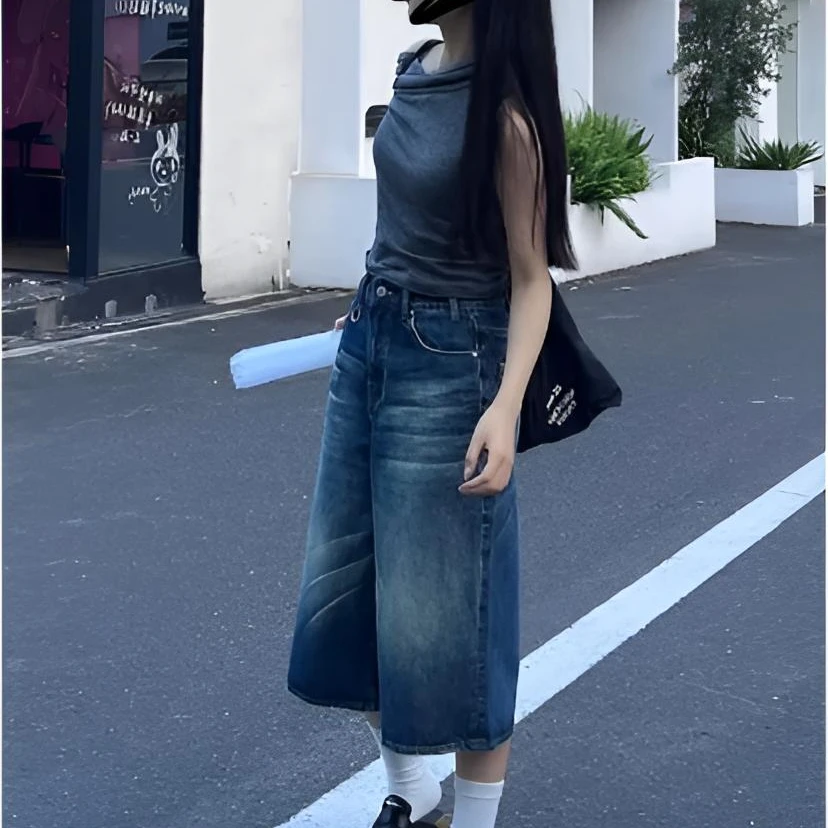 欧货复古宽松廓形水洗做旧七分牛仔短裤女夏季高街设计感阔腿中裤