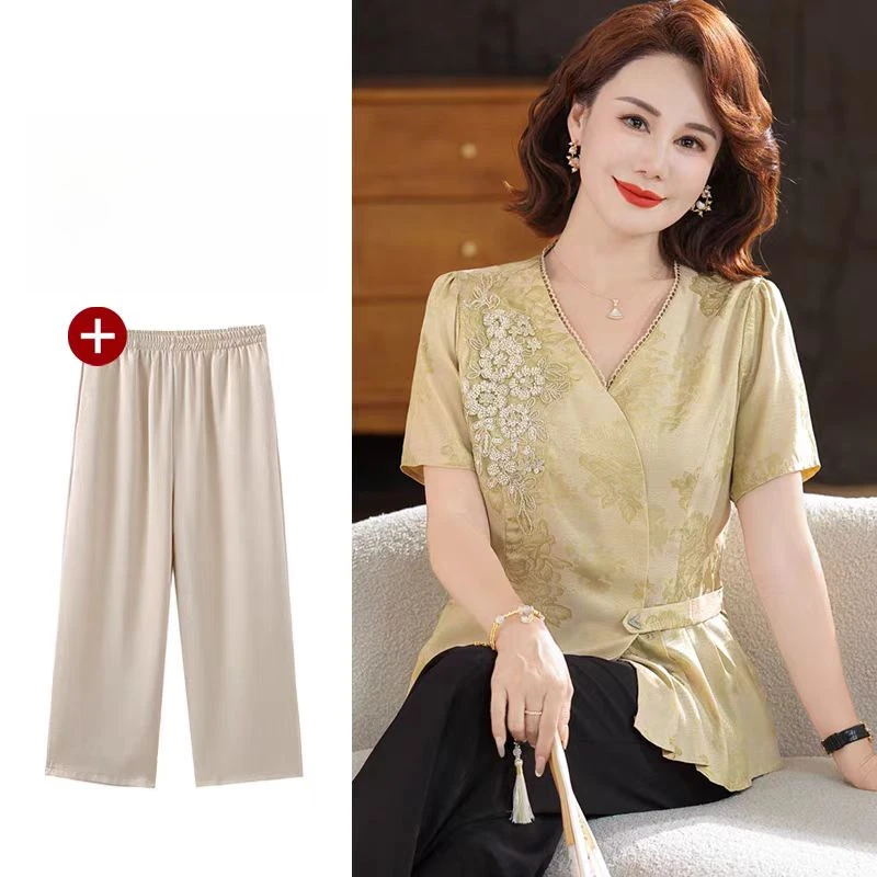 9526-夏季新款新中式中国风短袖时尚气质妈妈装套装（a仓库西楼梯）