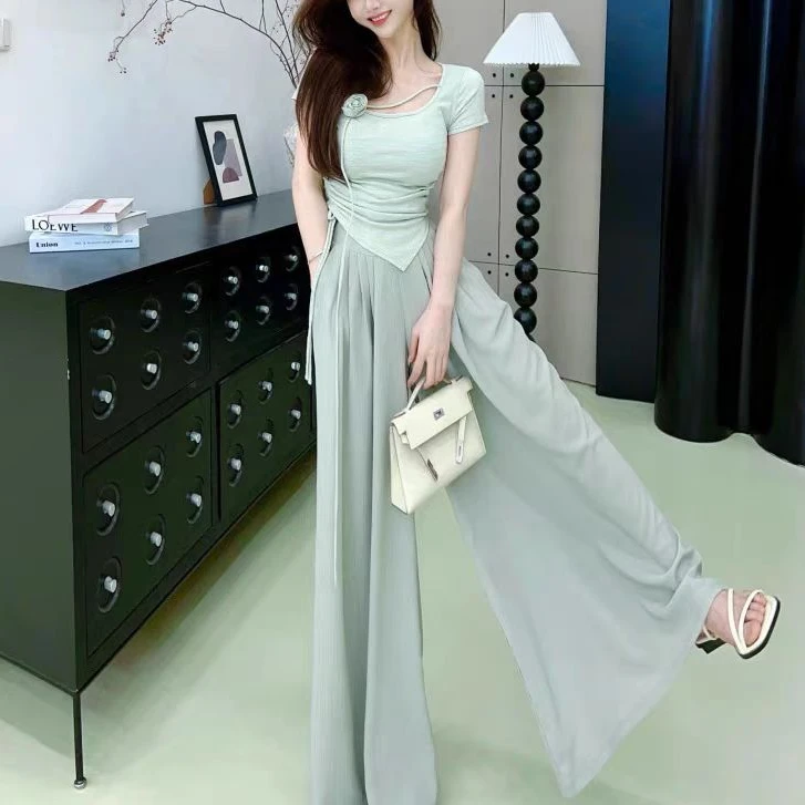 580-2#烟青茶花薄荷曼波素雅穿搭上衣裙裤两件套2025新款时尚套装
