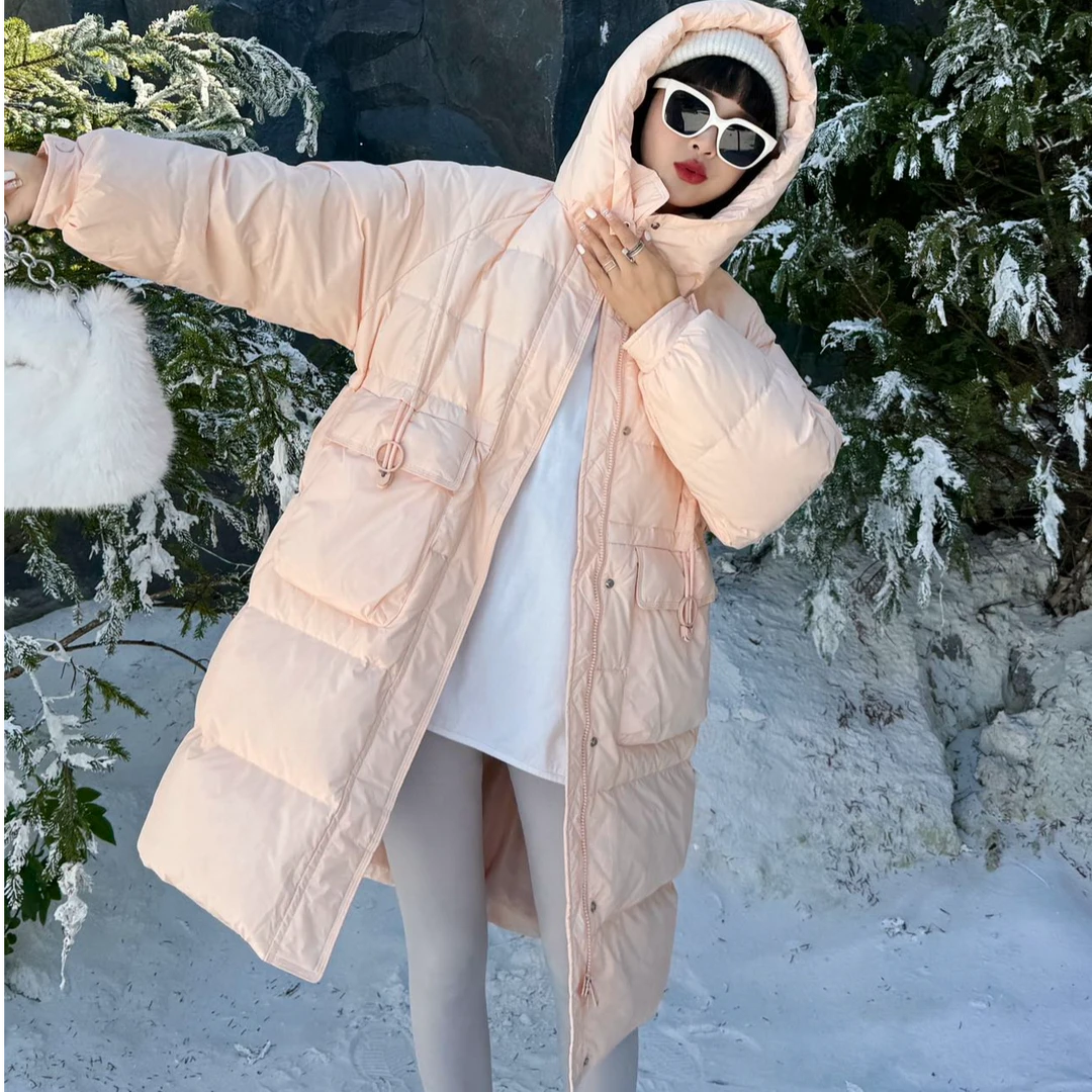 7014款24冬季新款时尚宽松连帽女式长款加厚面包服保暖外套羽绒服