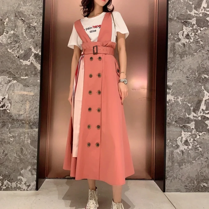 女装双排扣纯色背带连衣裙5500284-3365