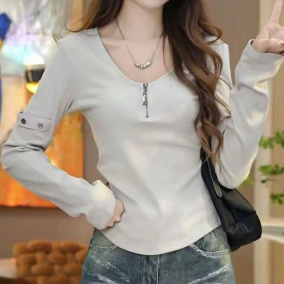 半拉链V领长袖t恤女装春季新款高级感别致修身显瘦气质打底衫上衣