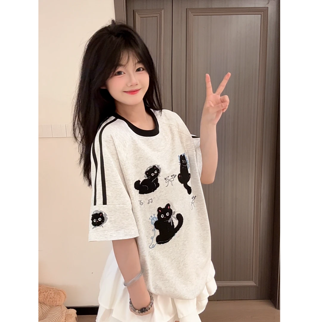 HandSeven夏季新款动漫卡通小猫刺绣t恤条纹百搭时尚休闲重磅