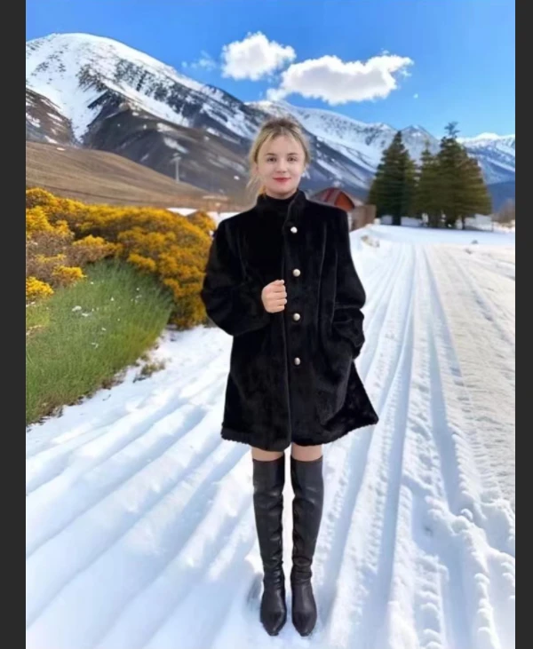 【新疆包邮】822气质名媛厚款中款短外套冬装宽松皮毛一体冬季女款