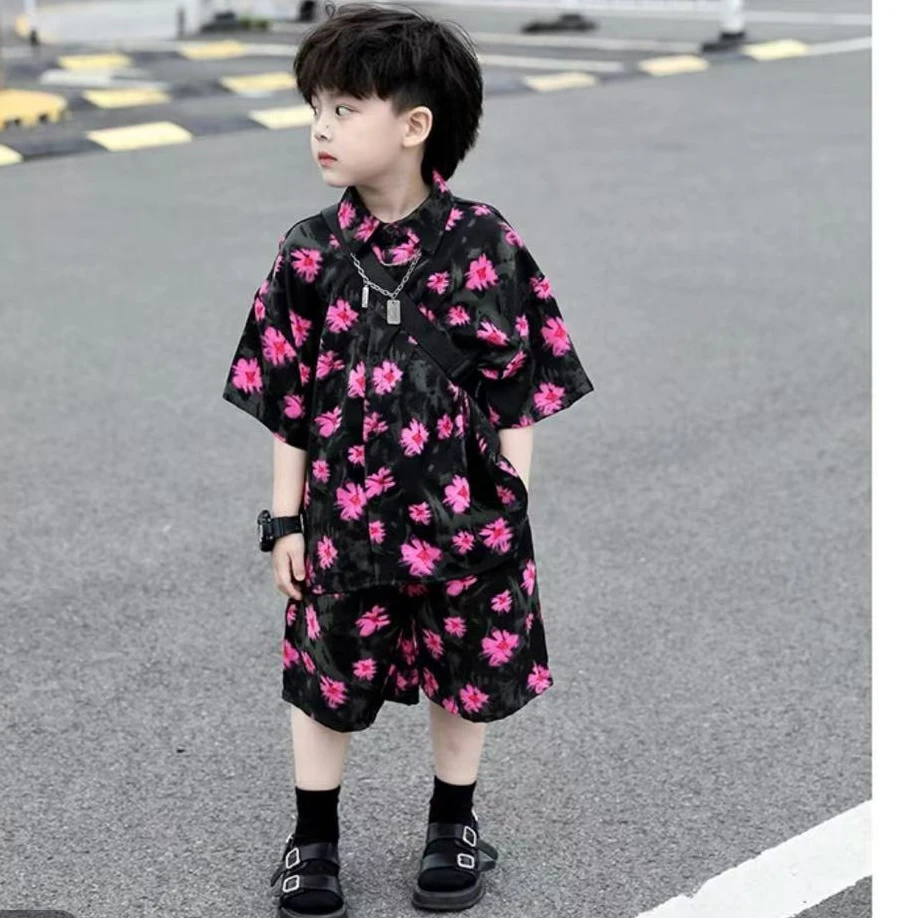 男童夏装衬衫套装2025新款痞帅儿童碎花衬衣夏季男孩潮酷短袖衣服
