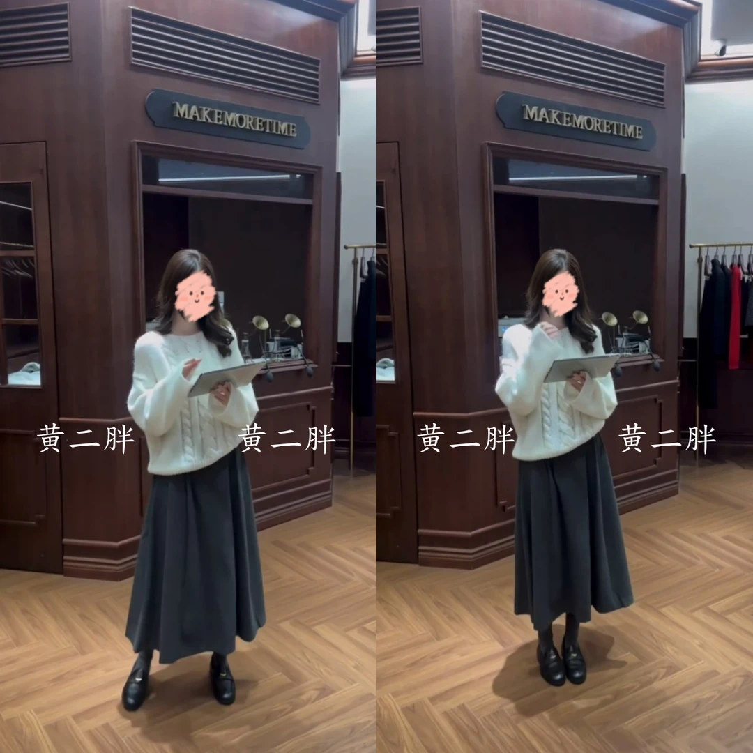 韩系圆领宽松麻花白色毛衣女2025秋冬软糯高级感针织上衣+半身裙