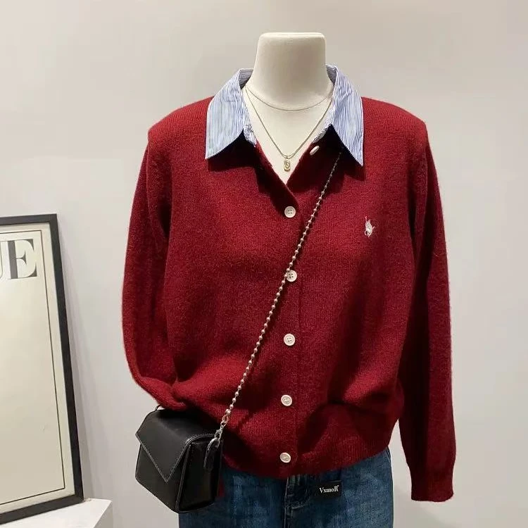 小鑫肝@现货浮力重工翻领带扣拼色休闲百搭毛衣 9024