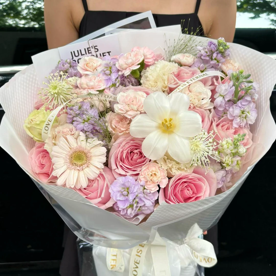【小美满】郁金香混搭粉玫瑰花紫罗兰粉弗朗生日鲜花礼物花店鲜花小时达同城配送