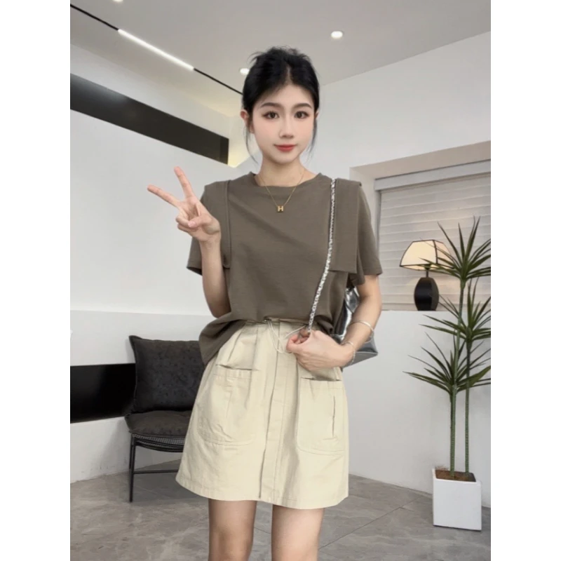 【直角肩设计】显瘦减龄时尚百搭纯色夏季简约宽松短袖T恤女1589