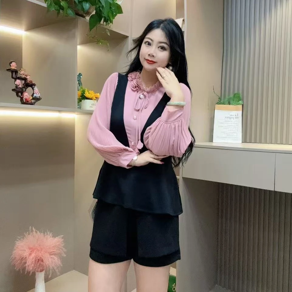 早秋上衣-檬 9225秋季大码收腰显瘦假两件设计半高领长袖上衣