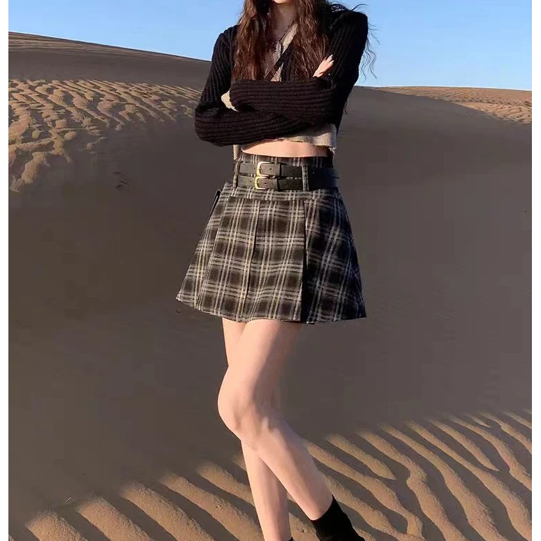 复古辣妹格子半身裙春季新款高腰显瘦复古热裤