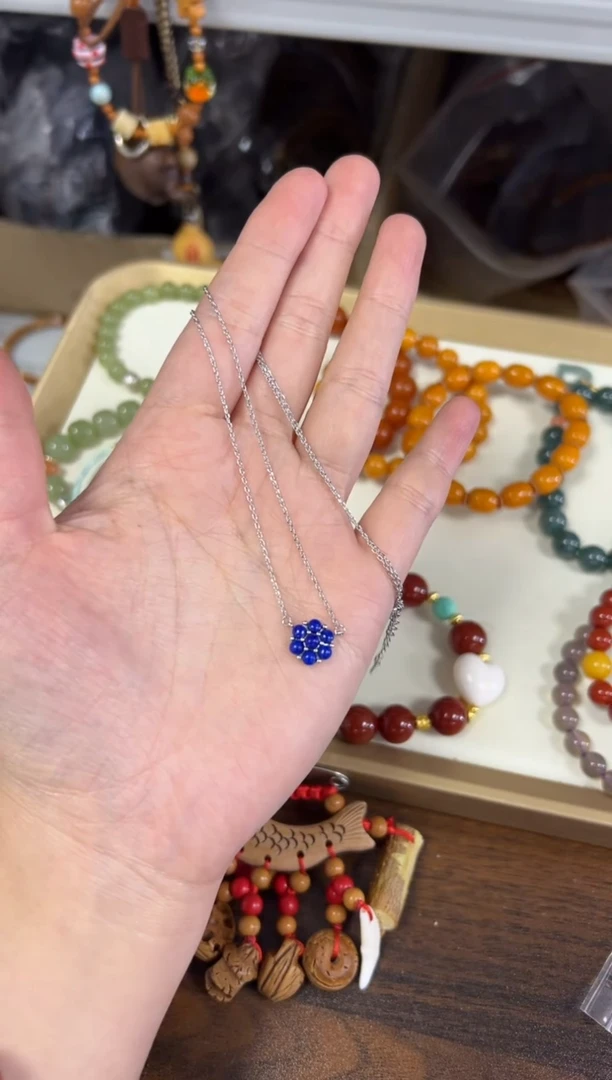 青金石银S925镶嵌颈饰青金石花朵镶嵌款银项链[0529]