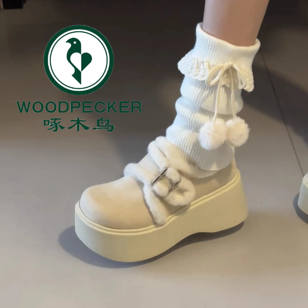 啄木鸟加绒加厚复古勃肯厚底雪地靴女2025新款冬增高保暖毛毛棉鞋