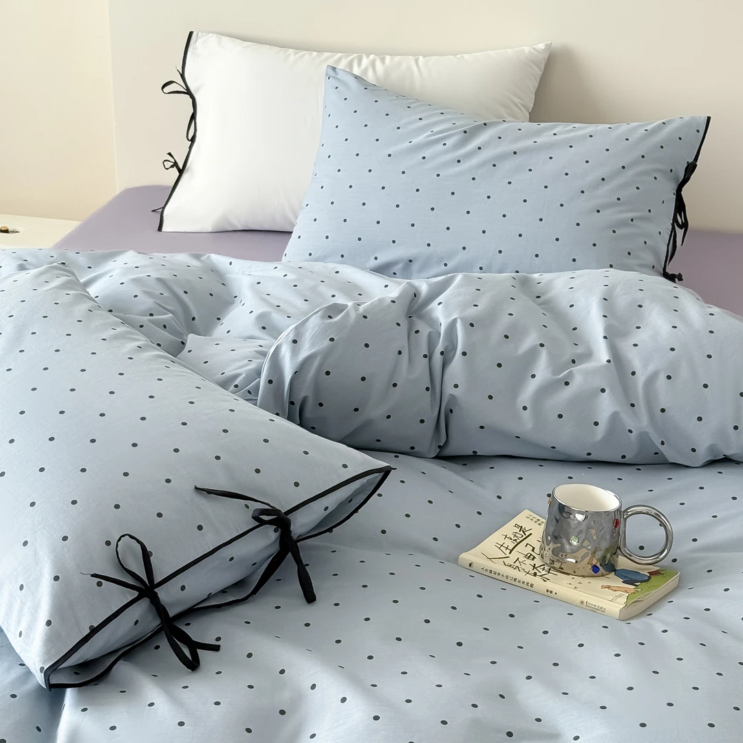 洛洛山河A类韩式简约亲肤透气全棉波点四件套纯棉床单被套床品