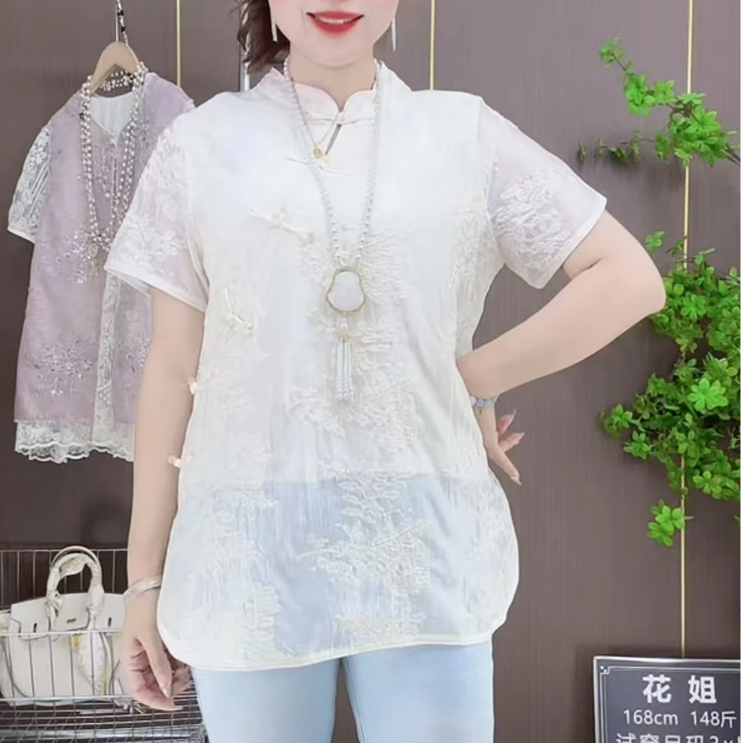 新款重工辛印花绣衬衫国风薄款圆领气质上衣遮肉显瘦大码潮2558