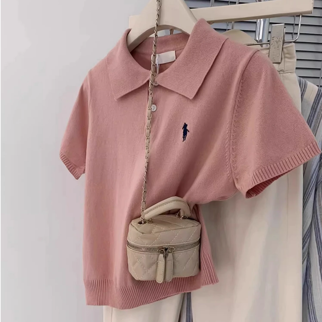 大码正肩Polo衫冰丝短袖T恤女夏季新款翻领时尚洋气针织品质上衣