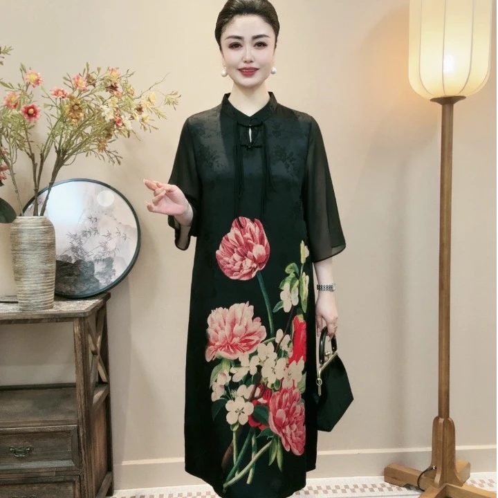 【国色天香】新中式立领夏季连衣裙宽松提花复古印花唐装重磅旗袍女