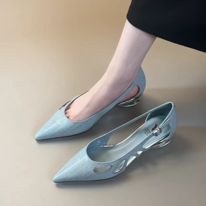 Pokoy-3.5cm法式复古尖头镂空一字带凉鞋女新款百搭粗跟露趾凉鞋