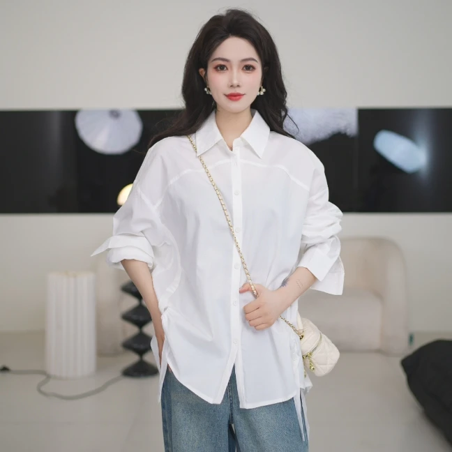 Basic House/百家好衬衣ts白色气质时尚时尚宽松简约小众休闲长袖