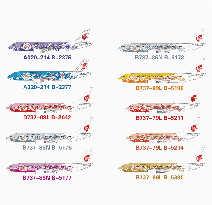 （10选1）1/400国际航空波音B737空客A320牡丹彩绘飞机合金模型