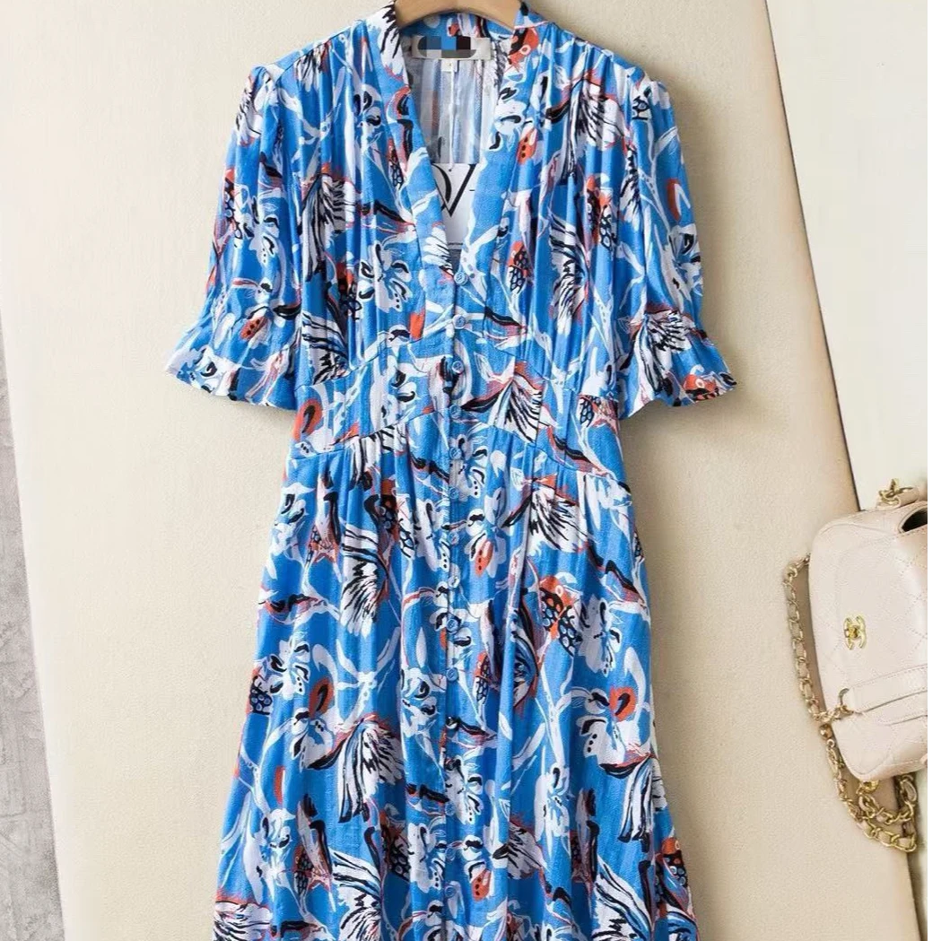 DF短袖A字裙V领法式长裙吸汗印花夏季中腰常规显瘦连衣裙