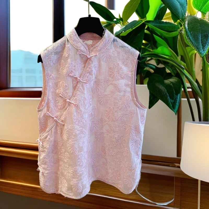 2025夏季薄款新中式国风改良旗袍无袖上衣女国风刺绣盘扣背心衬衫