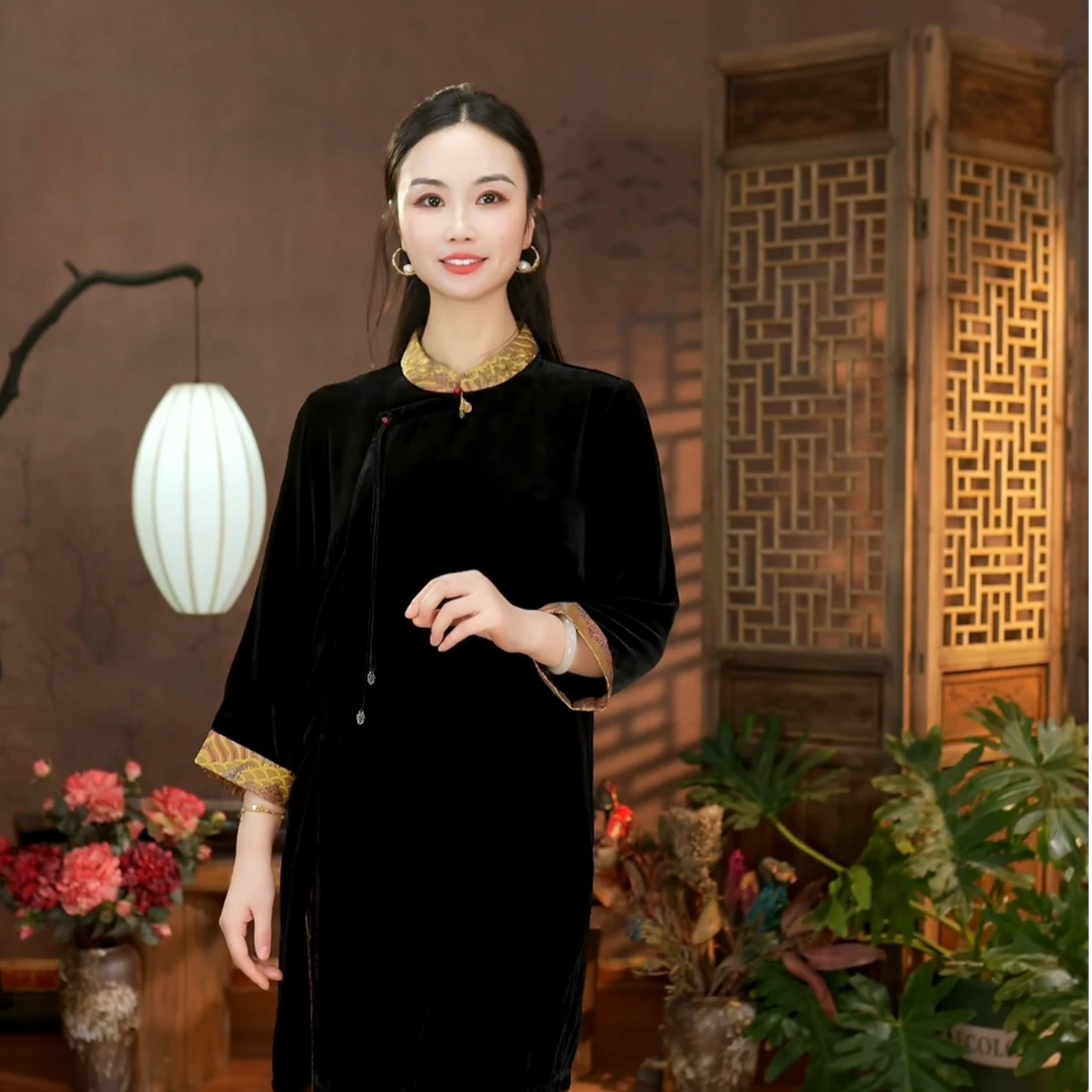 【东方禅韵】时尚气质桑蚕丝真丝丝绒中长款上衣  DFCY2922