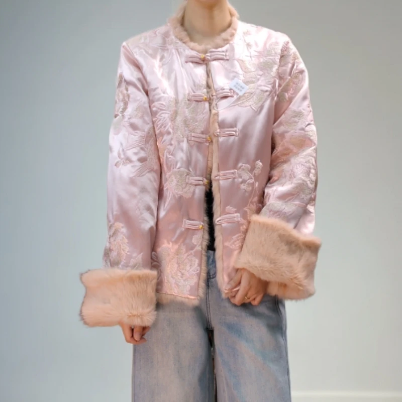 【悄然心动】新中式女士冬季厚款国风双面穿兔毛百搭气质上衣外套