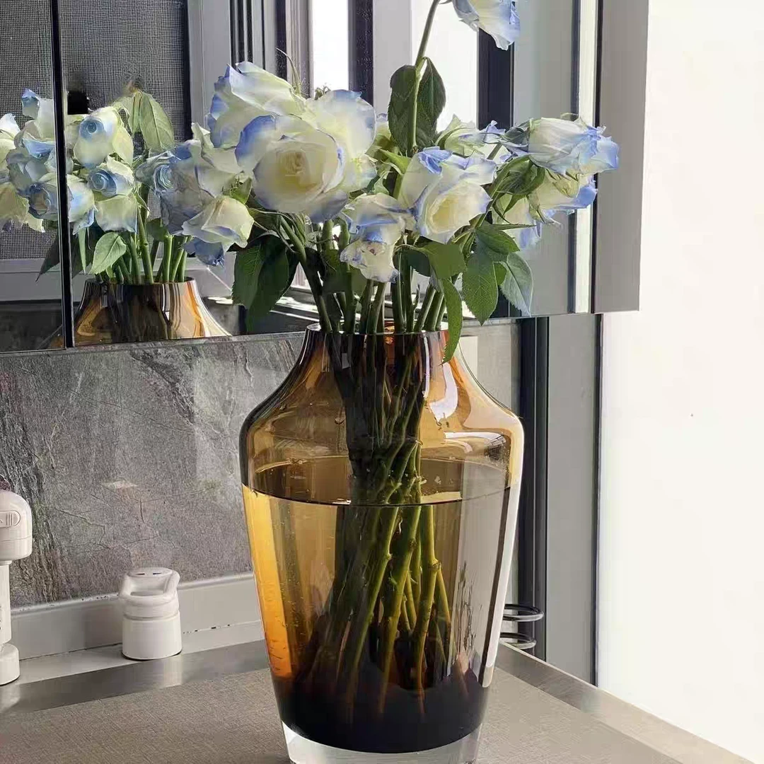 丹麦原版北欧灰色琥珀蓝色玻璃花瓶水培插花样板间售楼处客厅餐桌