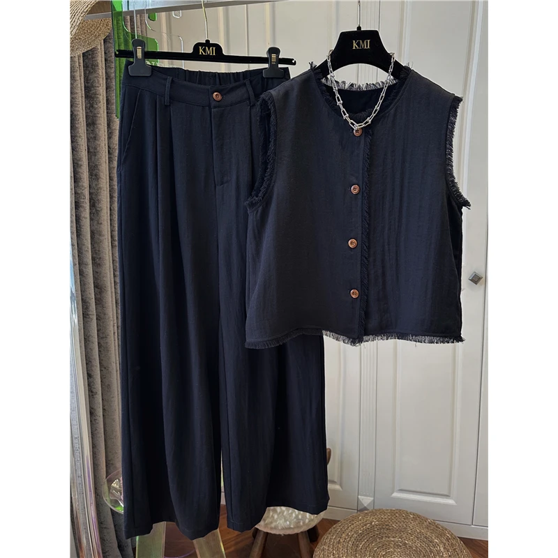 大码300斤胖MM夏季流苏背心阔腿裤两件套宽松显瘦马甲+高腰直筒裤