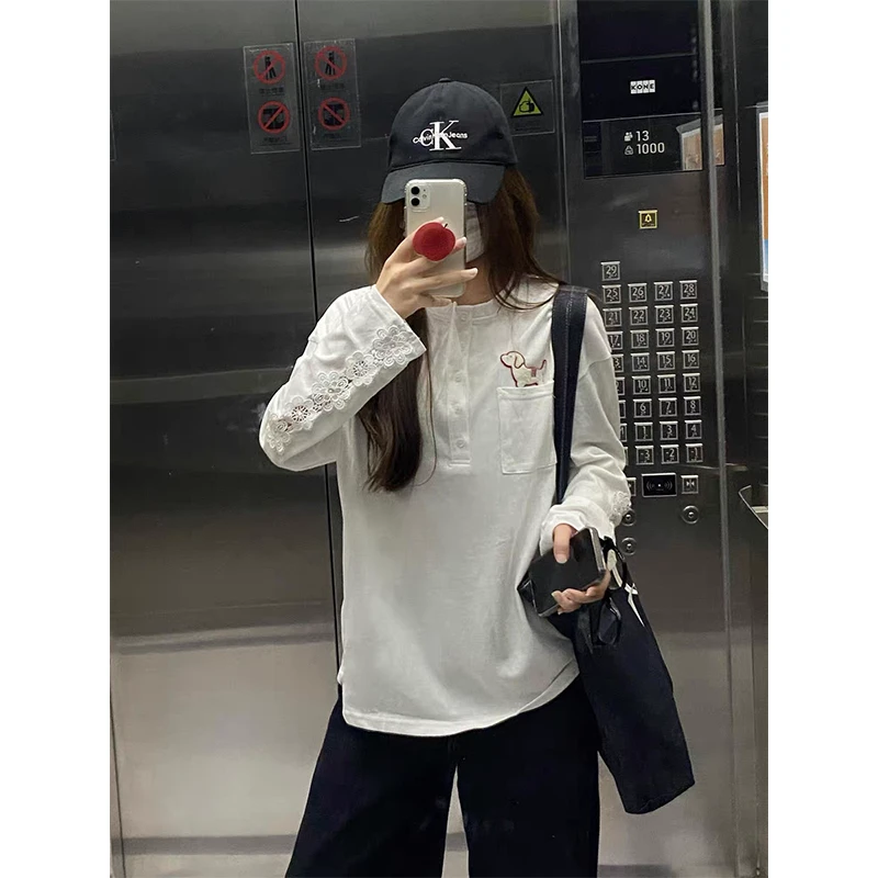 韩版小众刺绣小狗POLO领长袖秋季时尚休闲百搭白色时尚洋气T恤女