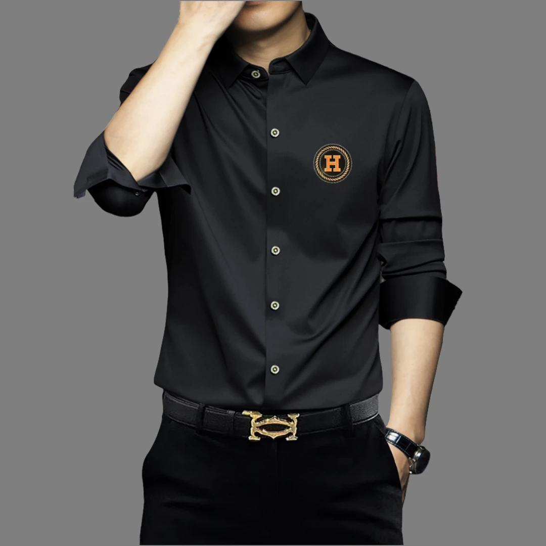 高级感新款痞帅风设计风衬衫男士免烫抗皱字母刺绣修身长袖衬衣潮