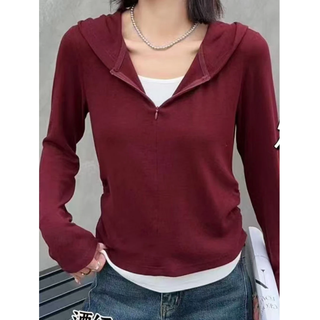 时尚减龄假两件连帽小衫【8929】运动休闲户外长袖女士纯色