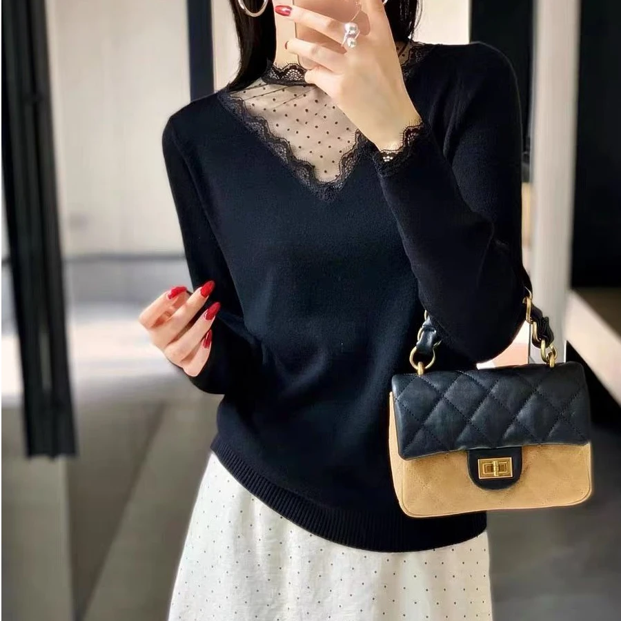 2025秋季新款韩版波点蕾丝拼接羊毛长袖针织衫女气质显瘦百搭上衣