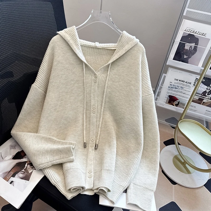 【双排扣开衫款针织连帽衫】春秋冬款重工提花休闲时尚百搭针织帽衫