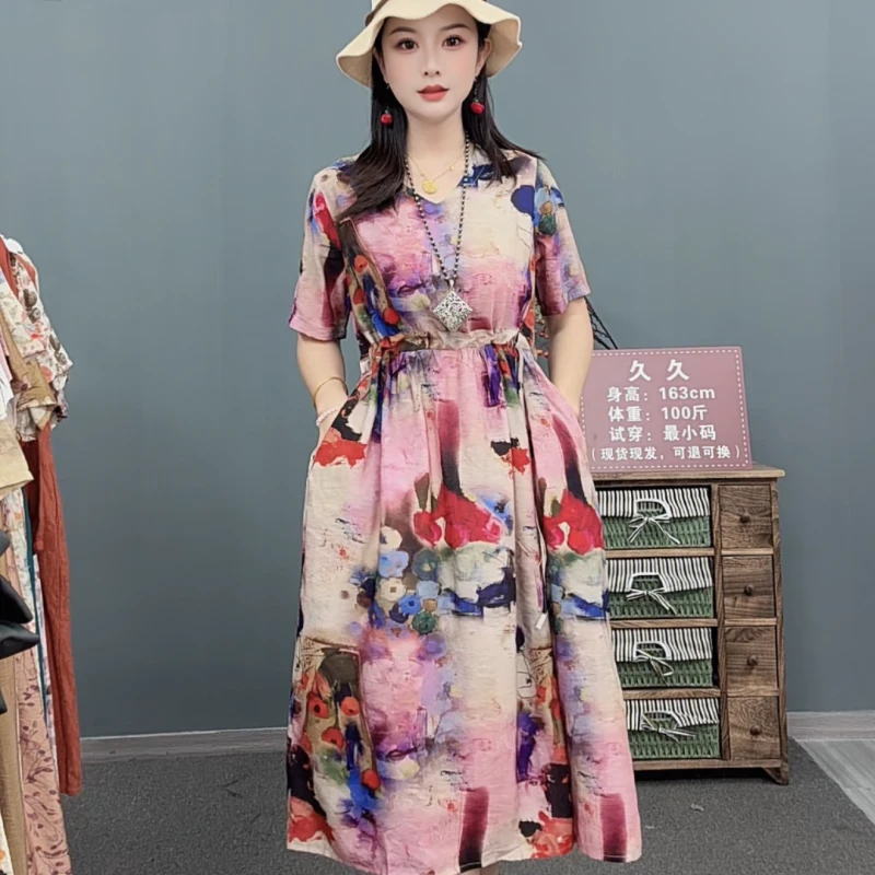 017新款短袖V领水彩花朵短袖长款大摆复古连衣裙