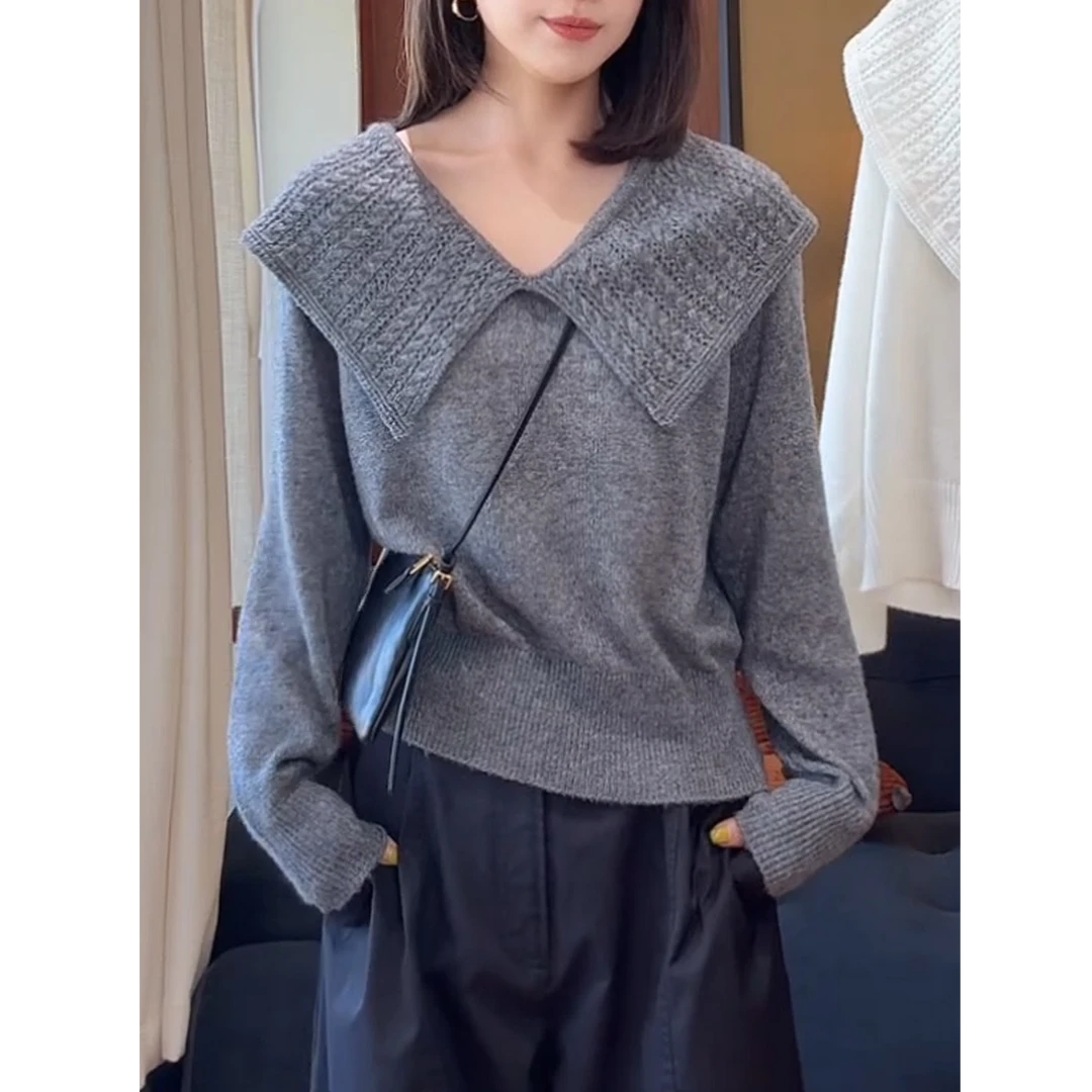 慵懒风灰色翻领长袖针织衫女2025年秋季新款气质韩系宽松休闲上衣