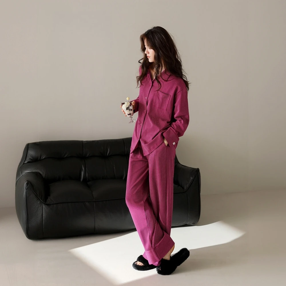 PAVENATNO/巴韦那奇轻奢法式睡衣女春秋冬长袖家居服条纹显白套装