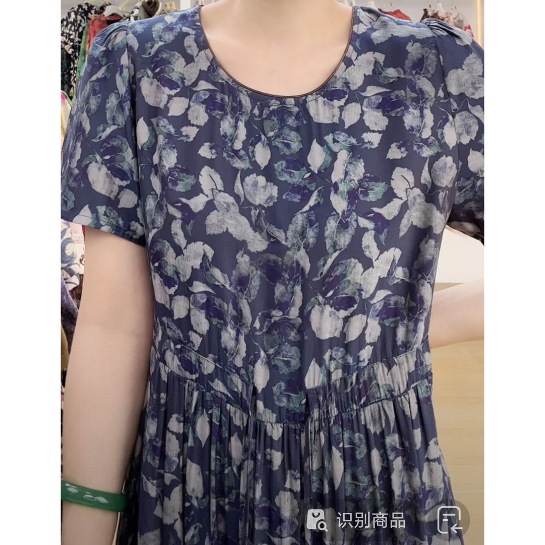 【蓝韵花影】春夏季中式印花收腰时尚中长款气质短袖连衣裙女695-2
