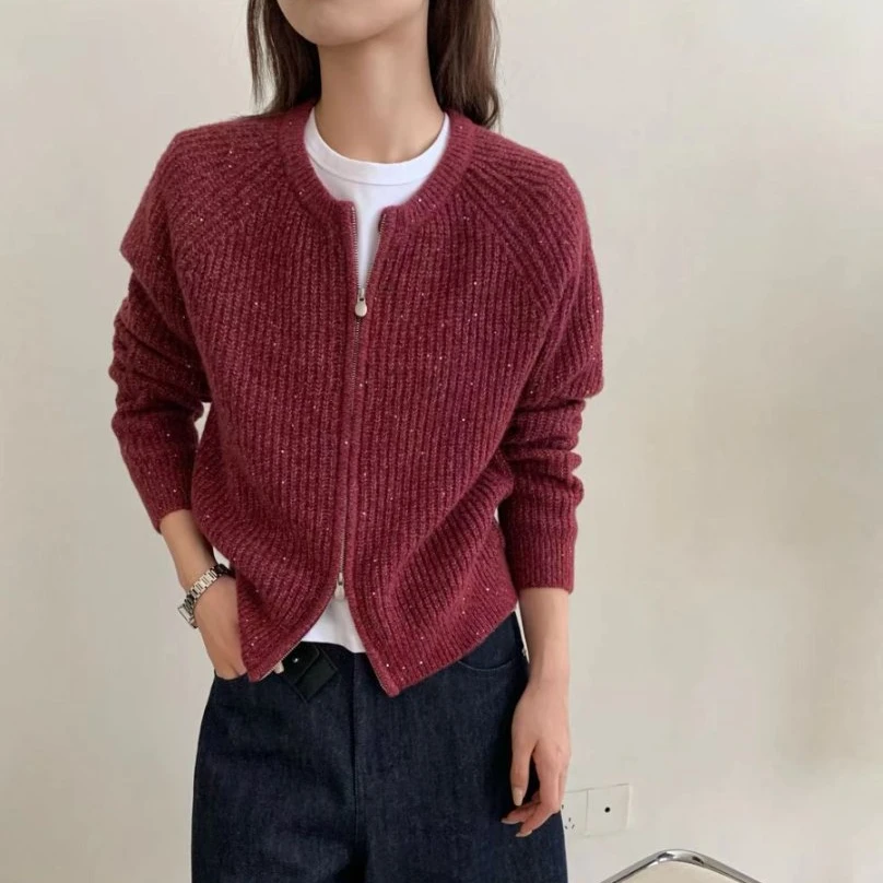 【素简.510167】秋冬新款驼羊绒珠片双头拉链开衫女装上新针织衫