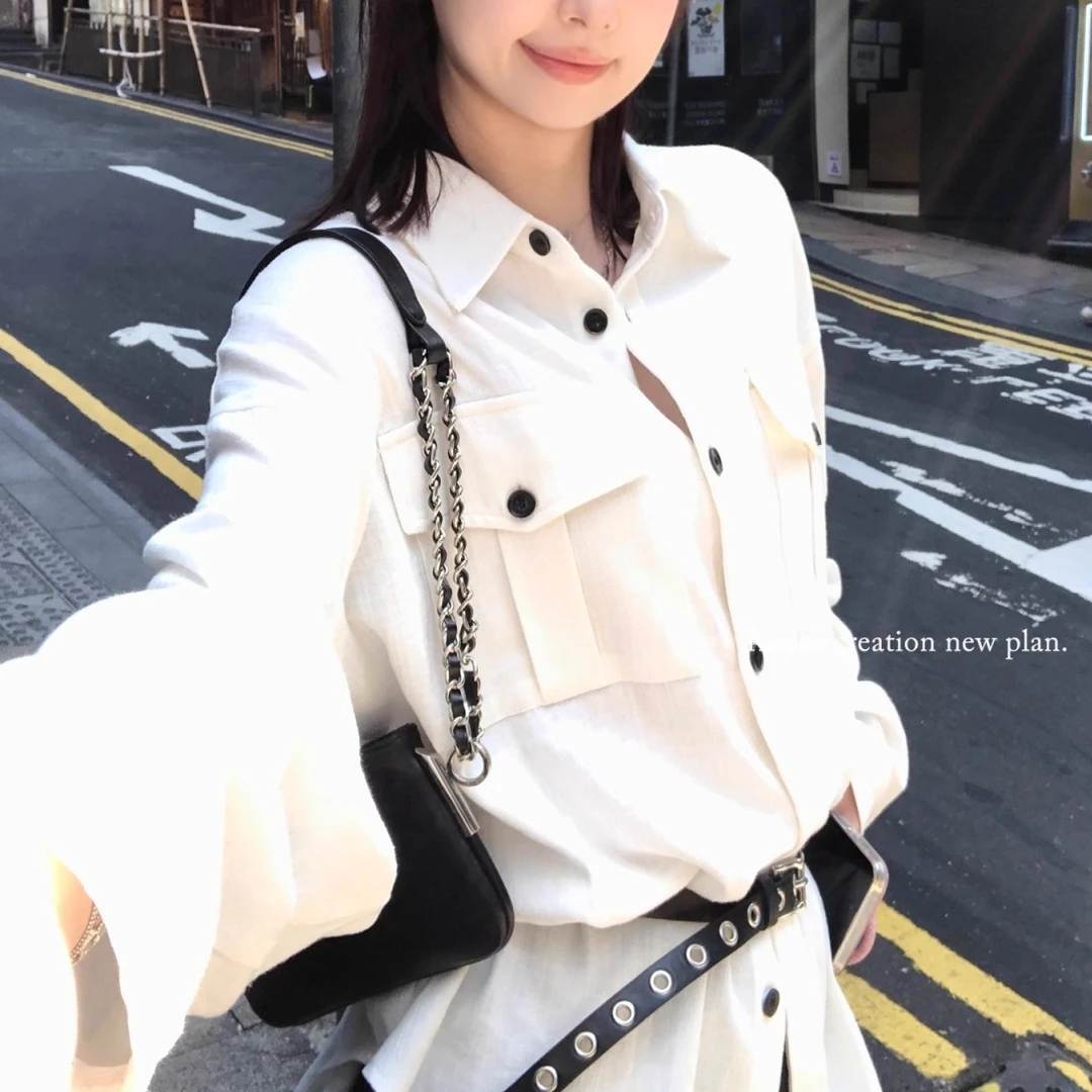 漫调西雅图松弛chic亚麻口袋衬衫2025年潮牌百搭高级潮流时尚白色