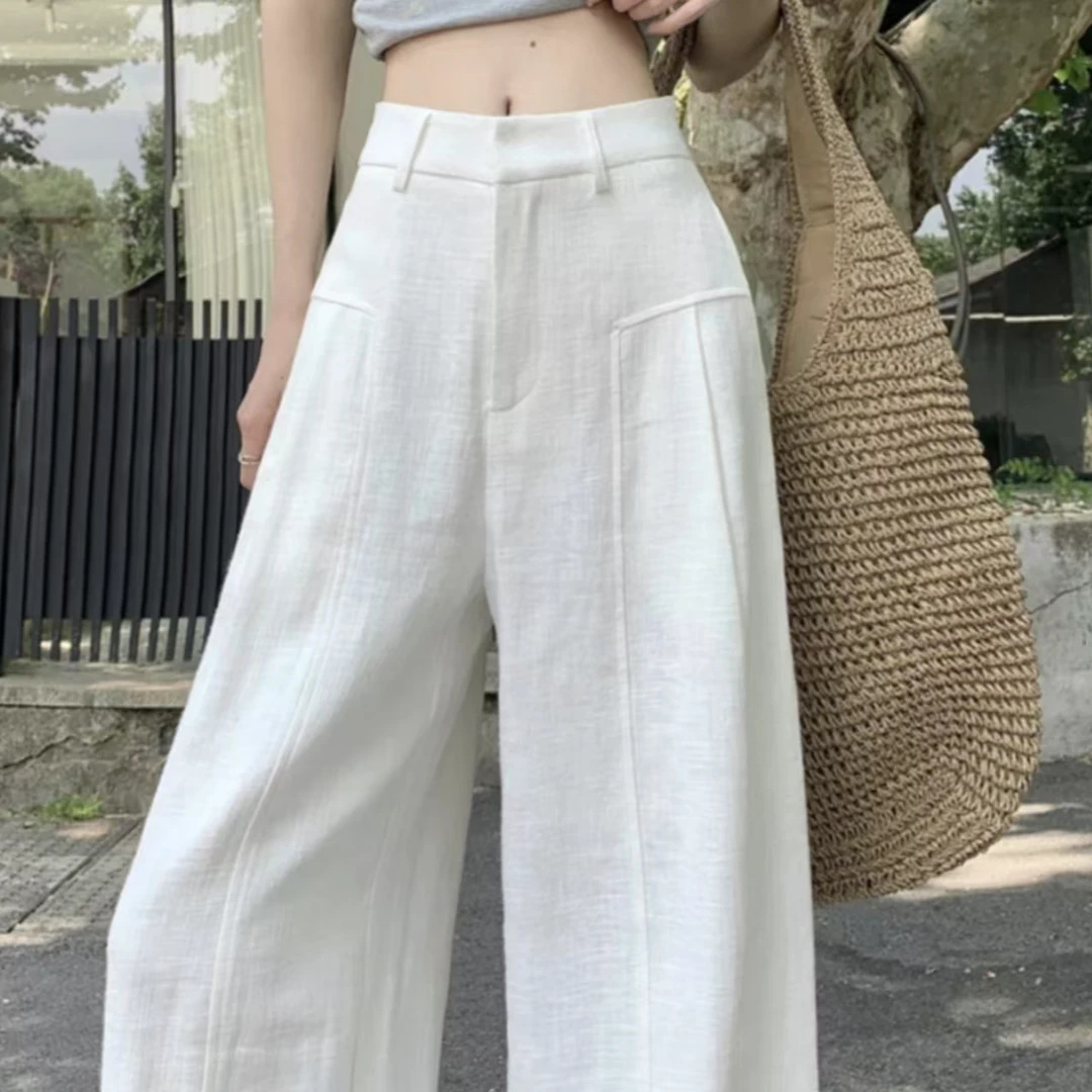 白色苎麻阔腿女2025夏薄款高腰垂感西装亚麻休闲